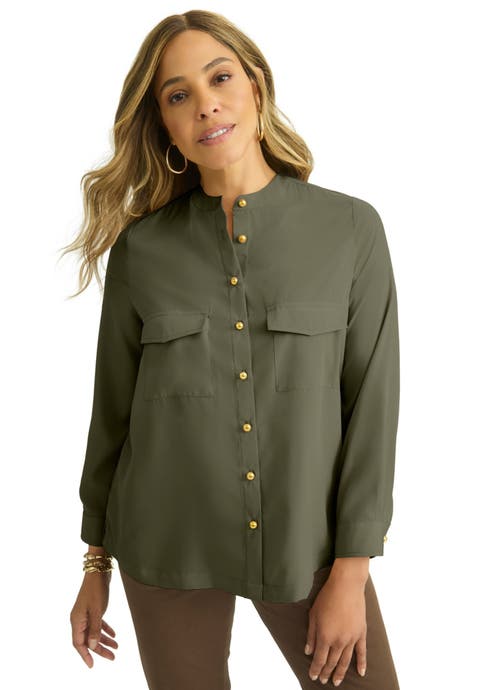 Button-Front Chest Pocket Blouse (Plus Available)