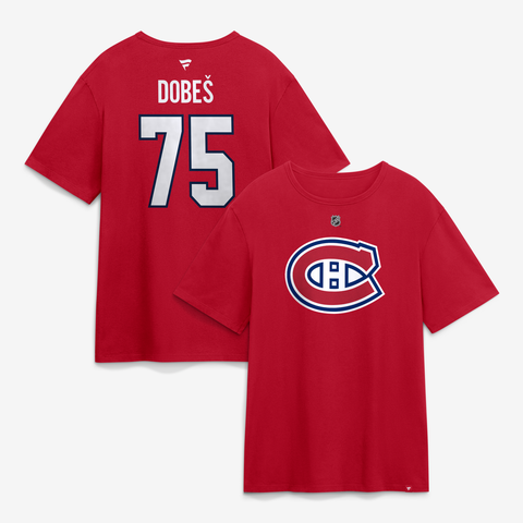 Men's Fanatics Jakub Dobes Red Montreal Canadiens Authentic Stack Name & Number T-Shirt