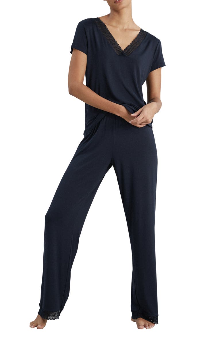 Lace Trim Knit Pajamas, Main, color, NAVY