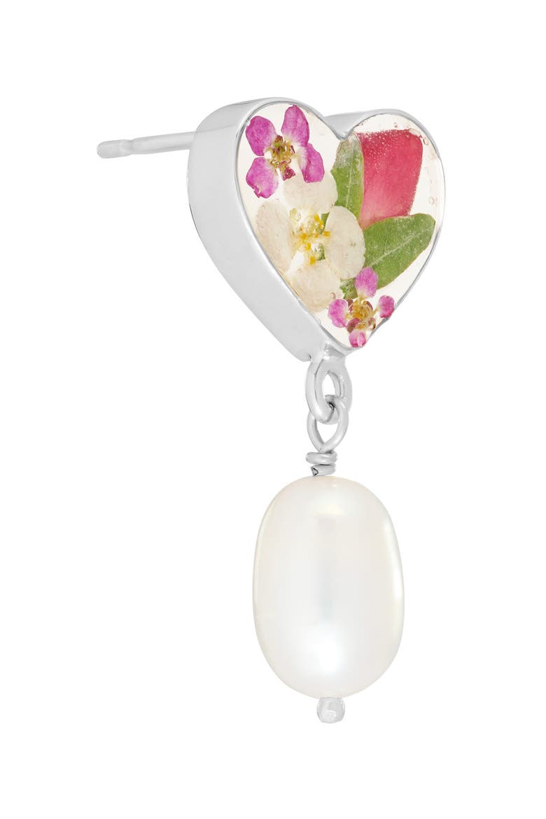 Dried Flowers & Cultured Pearl Heart Drop Earrings, Alternate, color, SILVER
