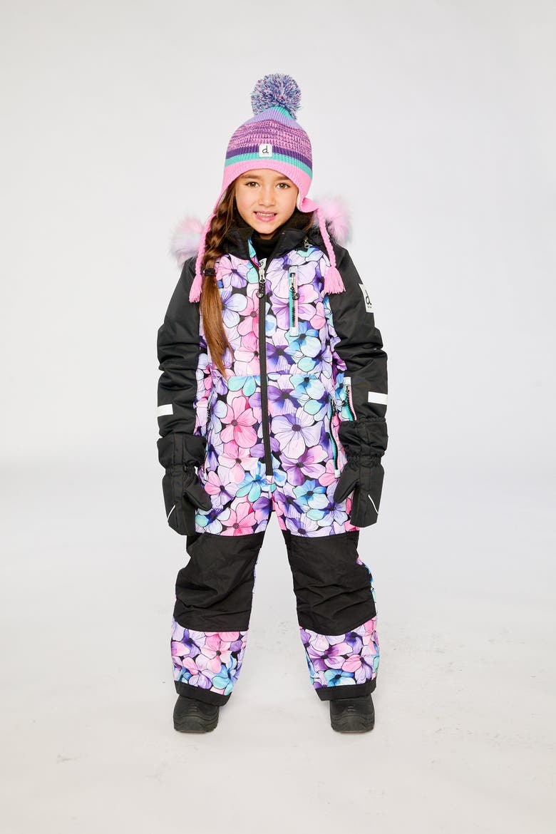 Play Floral Faux Fur Hood & Expandable Sleeve One Piece Snowsuit, Alternate, color, Purple Floral Print