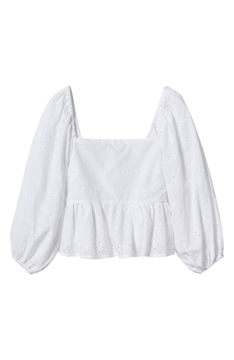 MANGO Eyelet Puff Sleeve Peplum Blouse, Alternate, color, White