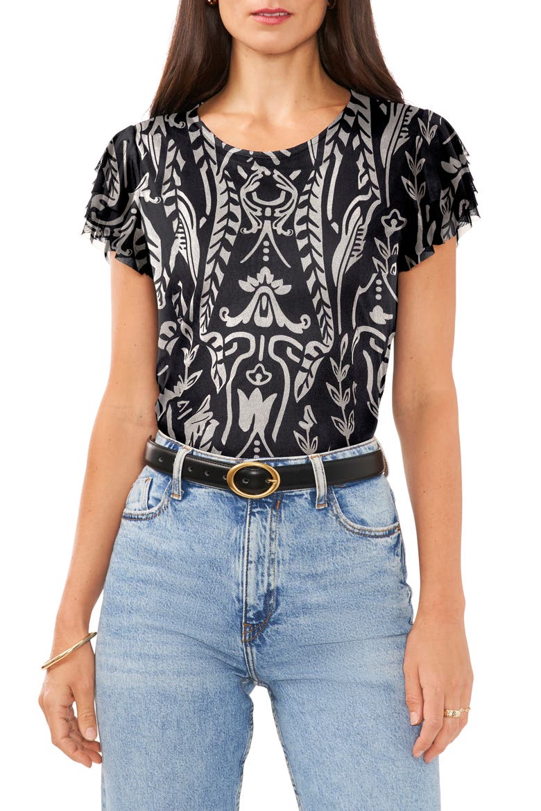 Flutter Sleeve Mesh Top, Main, color, RICH BLACK