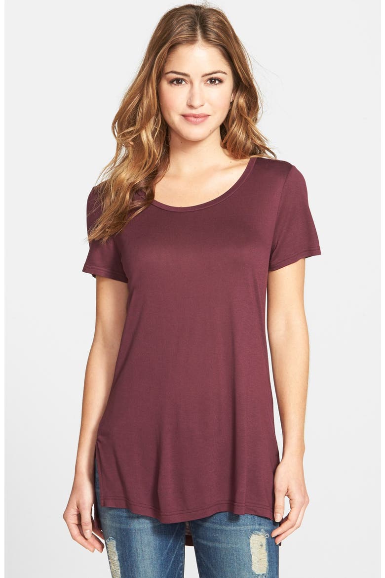 Side Slit Long Scoop Neck Tee, Main, color, BURGUNDY STEM