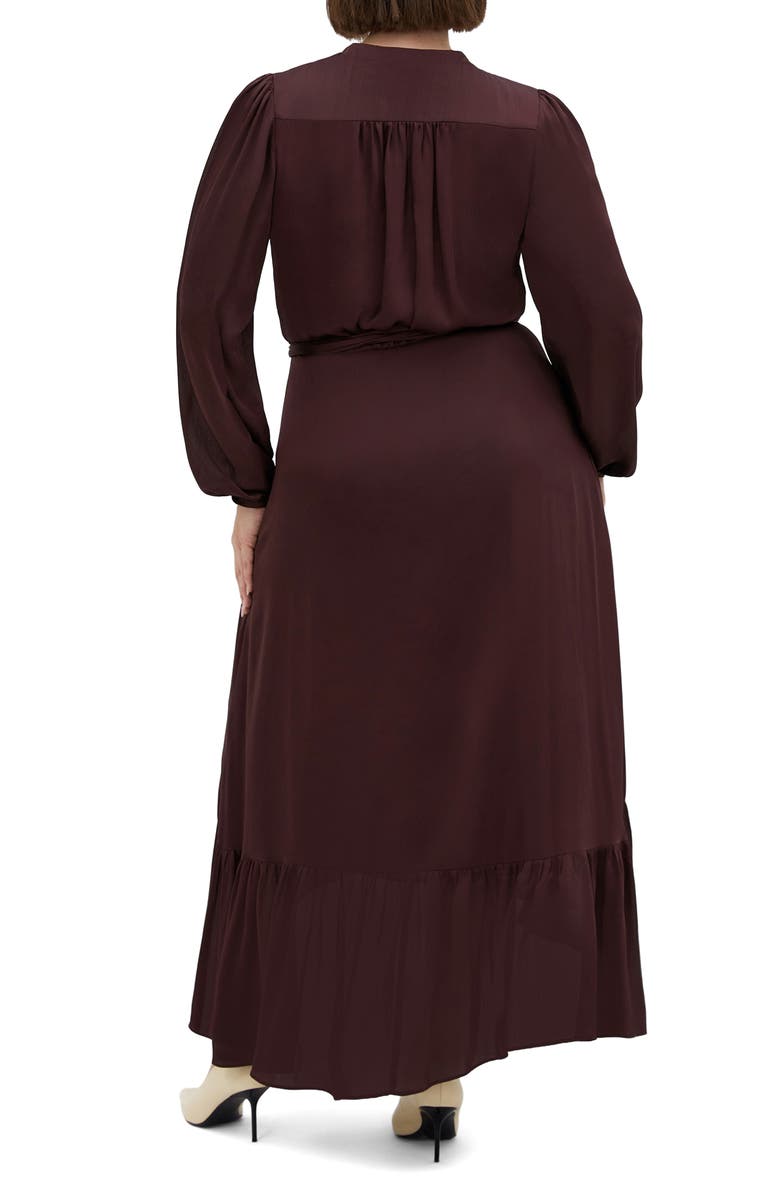 City Chic Rylie Love Long Sleeve High-Low Satin Maxi Dress, Alternate, color, Spiced Plum