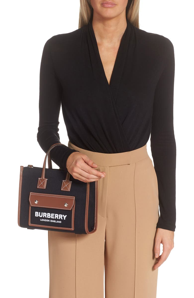 Burberry Mini Freya Horseferry Logo Canvas & Leather Tote, Alternate, color,