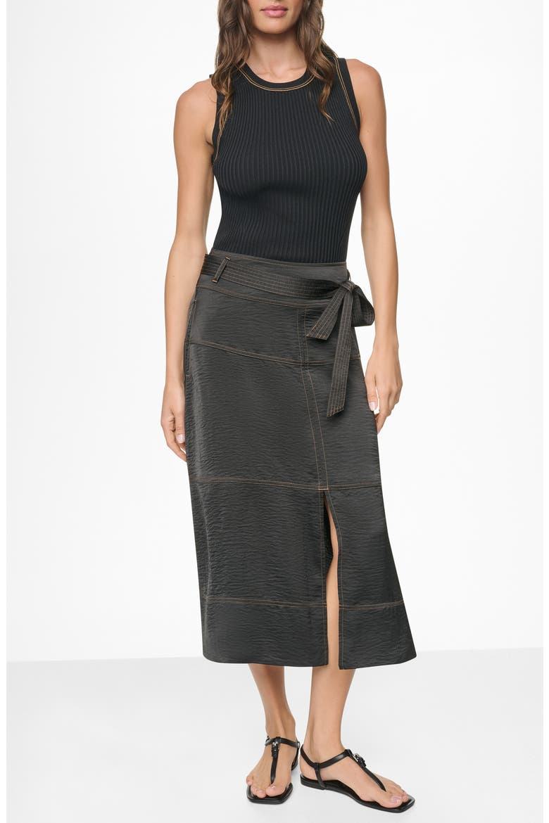 Tie Waist Contrast Stitch Midi Skirt, Alternate, color, BLACK