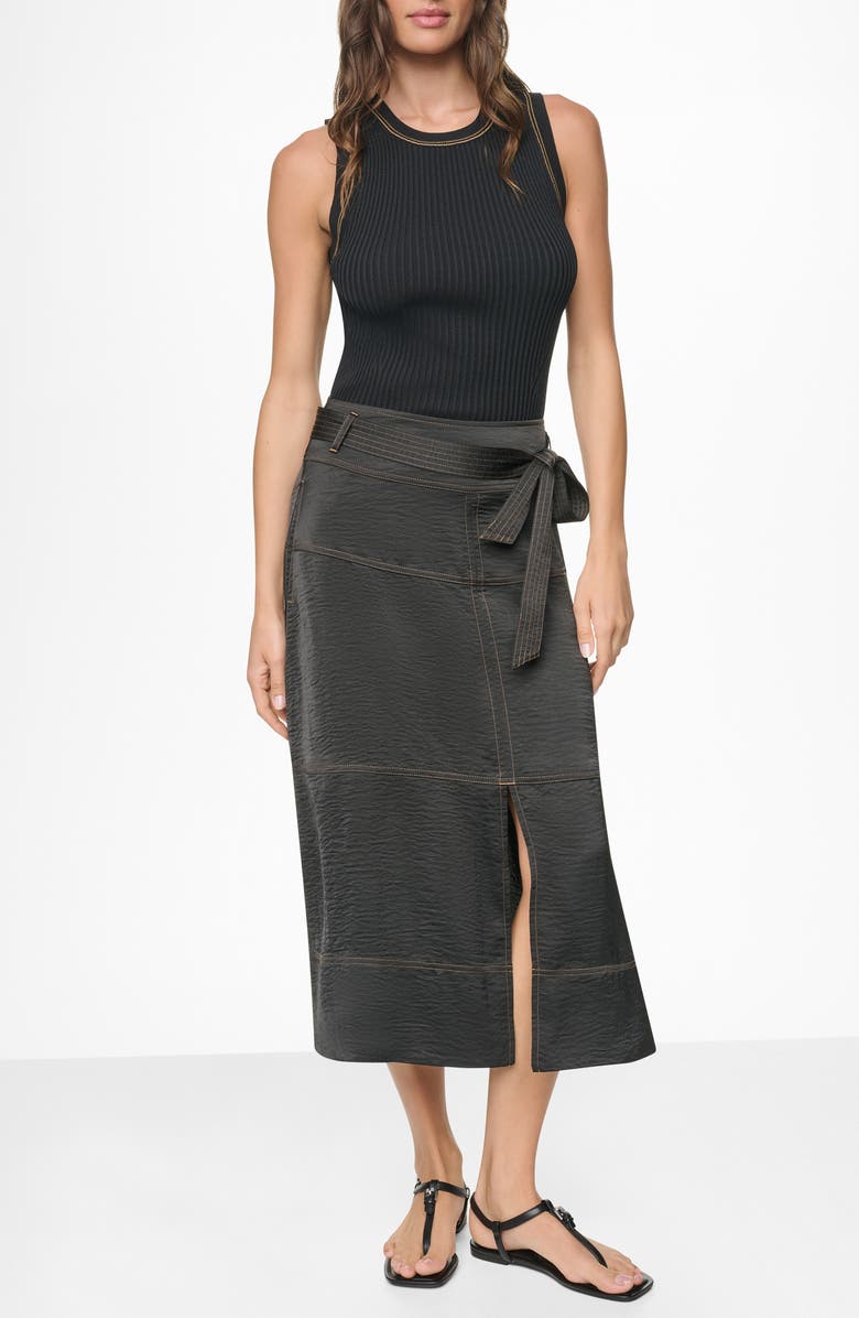 DKNY Tie Waist Contrast Stitch Midi Skirt, Alternate, color, Black