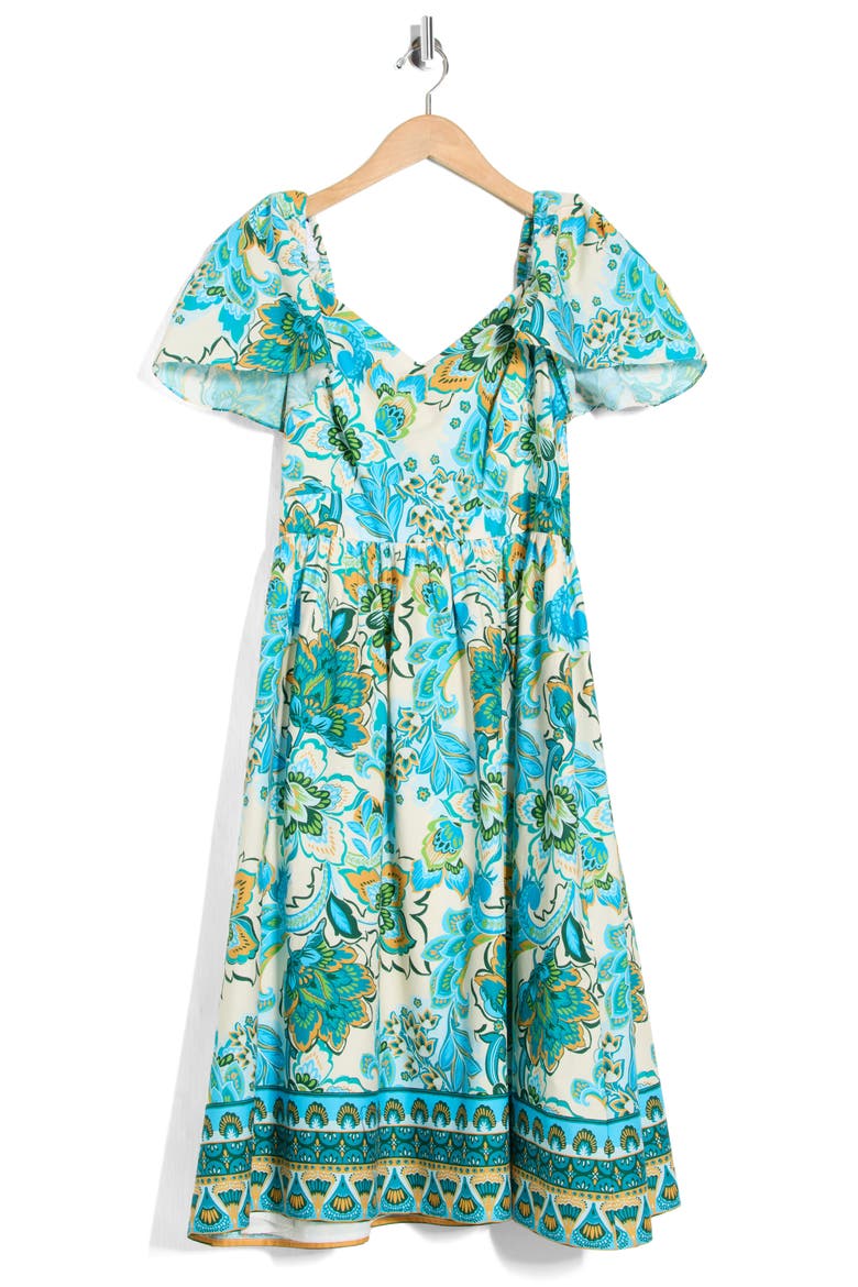 Flutter Sleeve Cotton Midi Dress, Alternate, color, BLUE MULTI