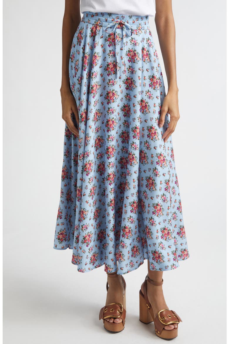 Floral Bouquets Gathered Stretch Charmeuse A-Line Midi Skirt, Main, color, MAZZOLINI FIORI FCEL