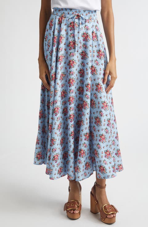 Floral Bouquets Gathered Stretch Charmeuse A-Line Midi Skirt