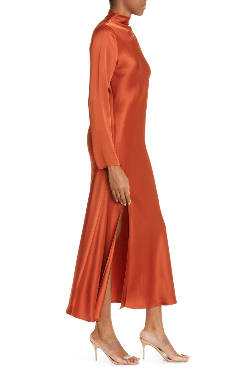 LAPOINTE Funnel Neck Long Sleeve Bias Cut Satin Dress, Alternate, color, 