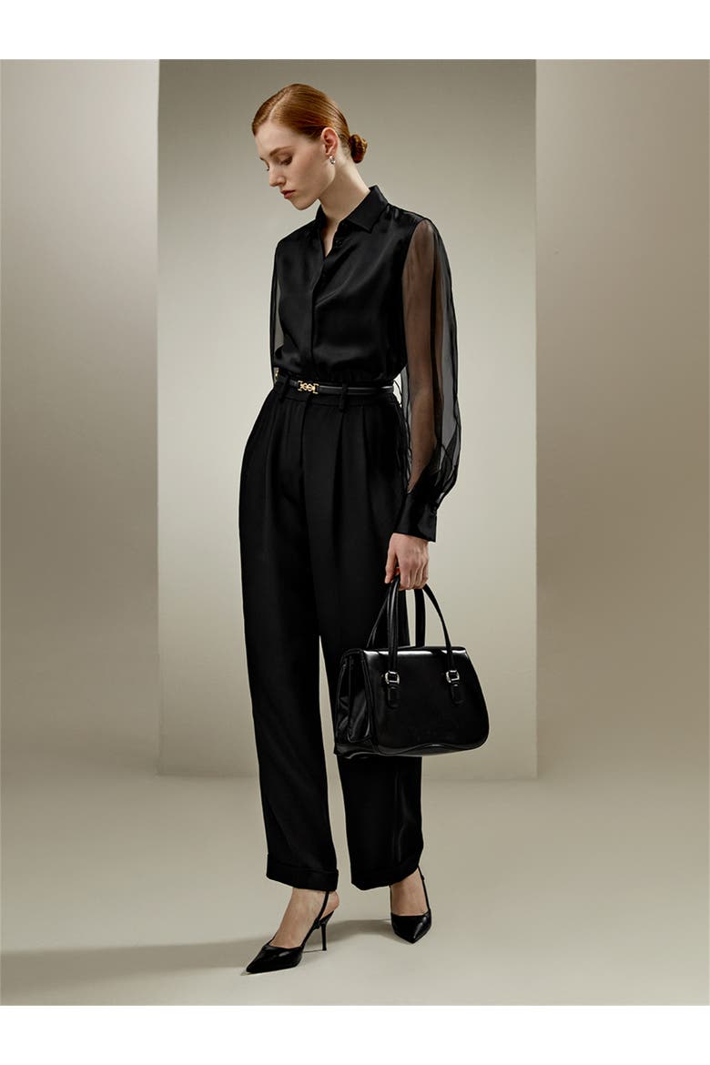 Women's Ethereal Crisp Sheer Sleeves Silk Shirt, Alternate, color, Black