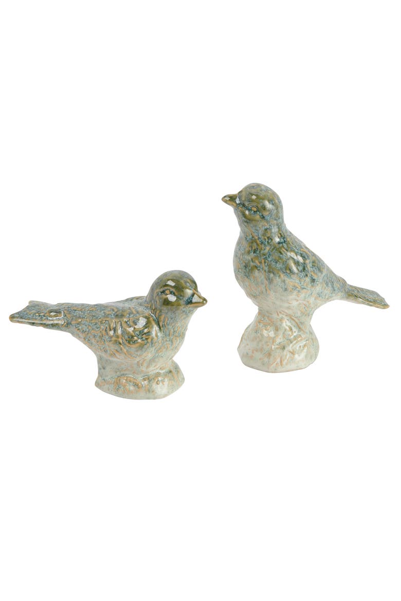 Decorative Debossed Stoneware Bird Figurines, Set of 2 Styles, Green, Main, color, Green