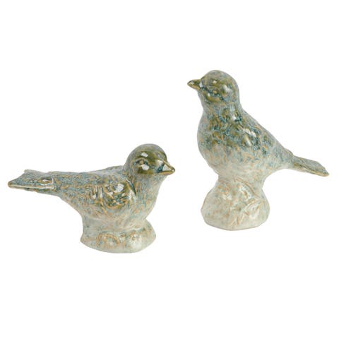 Decorative Debossed Stoneware Bird Figurines, Set of 2 Styles, Green