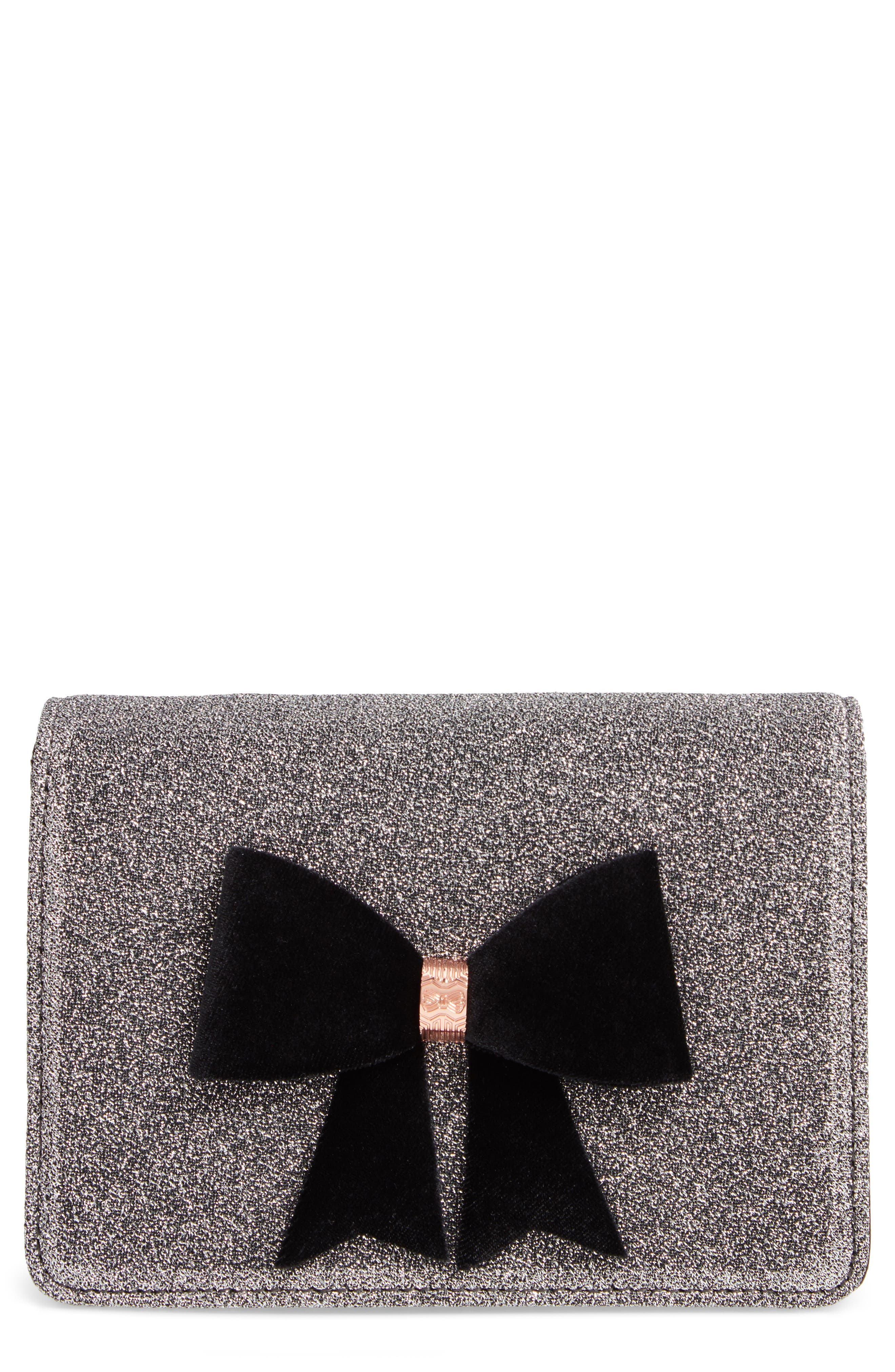 Jeminna Velvet Bow Evening Bag, Main, color, SILVER
