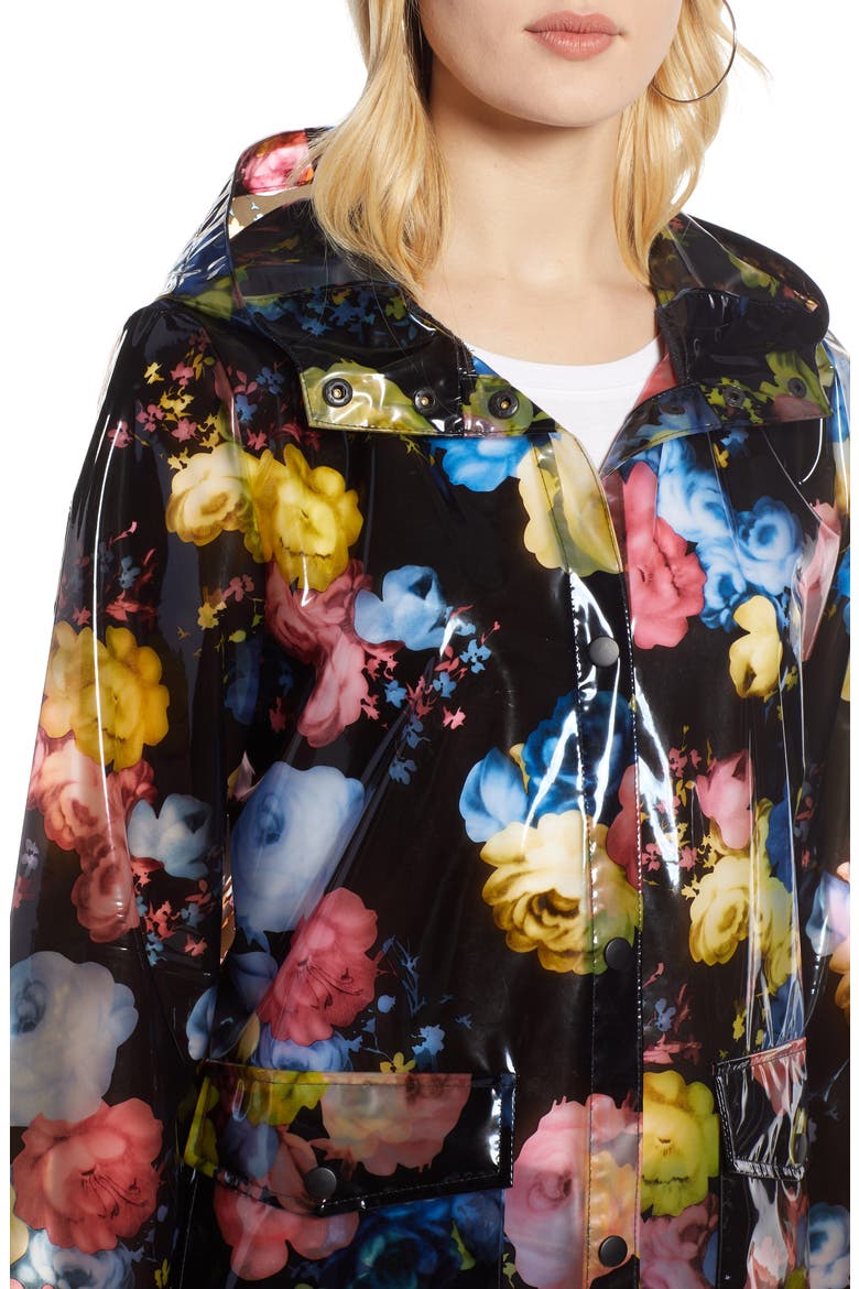 Floral Print Translucent Hooded Rain Jacket, Alternate, color, BLACK FLORAL