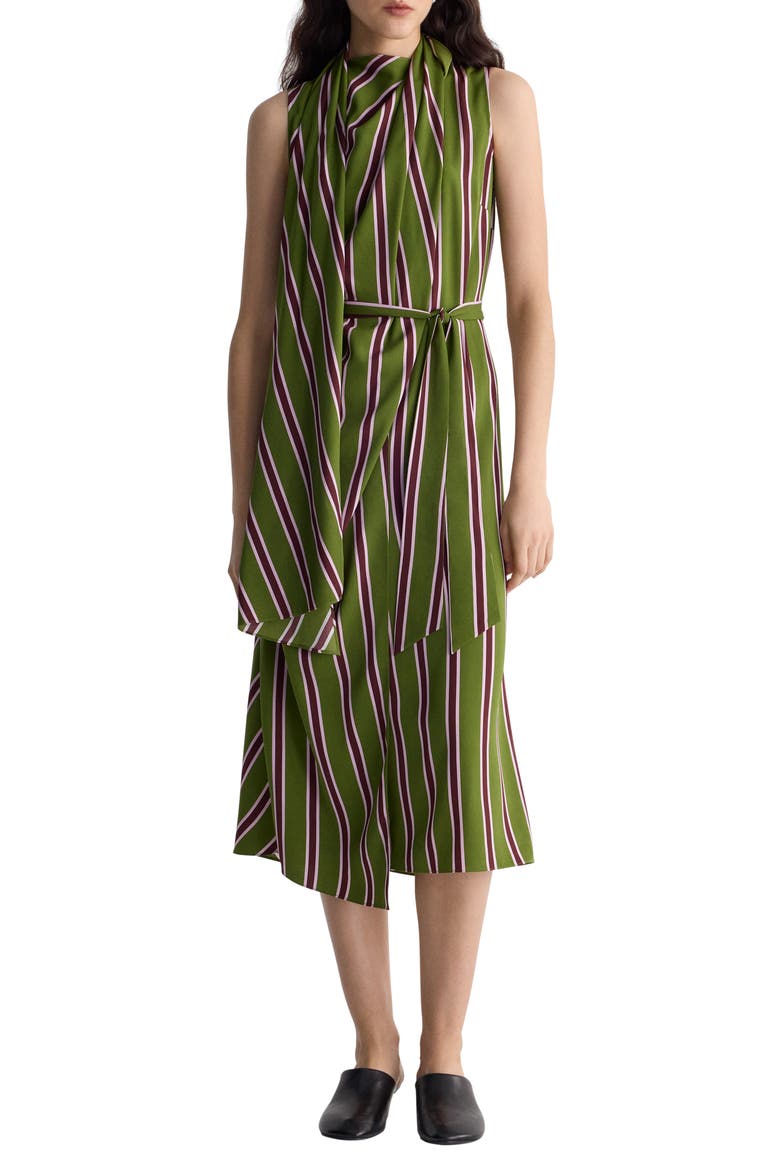 Nora Striped Silk Blend Midi Dress, Main, color, TAVERN STRIPE GLEN GREEN