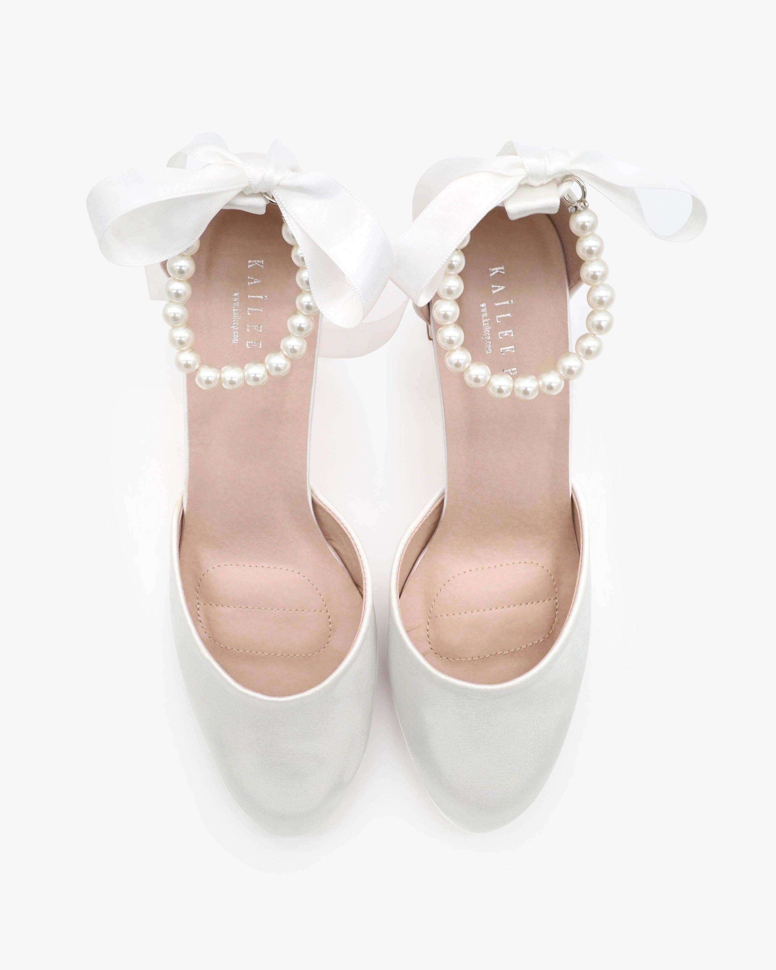 Kailee P Sarah Satin Wedding Block Heel with All Pearls Ankle Strap, Alternate, color, White