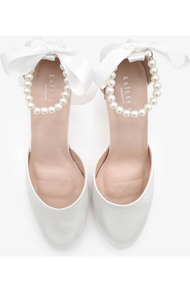 Kailee P Sarah Satin Wedding Block Heel with All Pearls Ankle Strap, Alternate, color, White