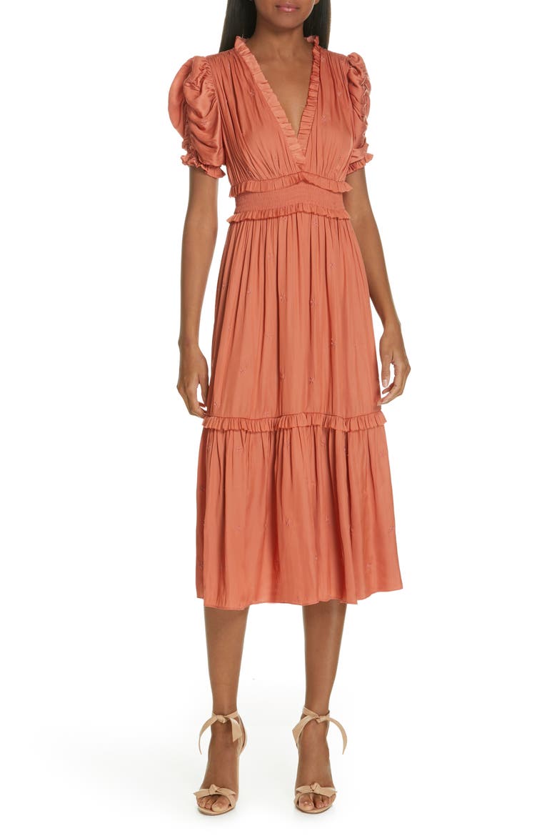 Maya Embroidered Satin Midi Dress, Main, color, CORAL