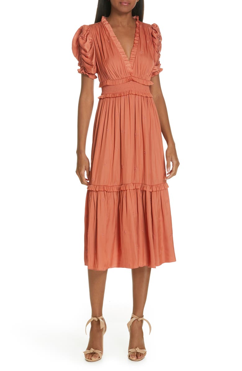Ulla Johnson Maya Embroidered Satin Midi Dress, Main, color,
