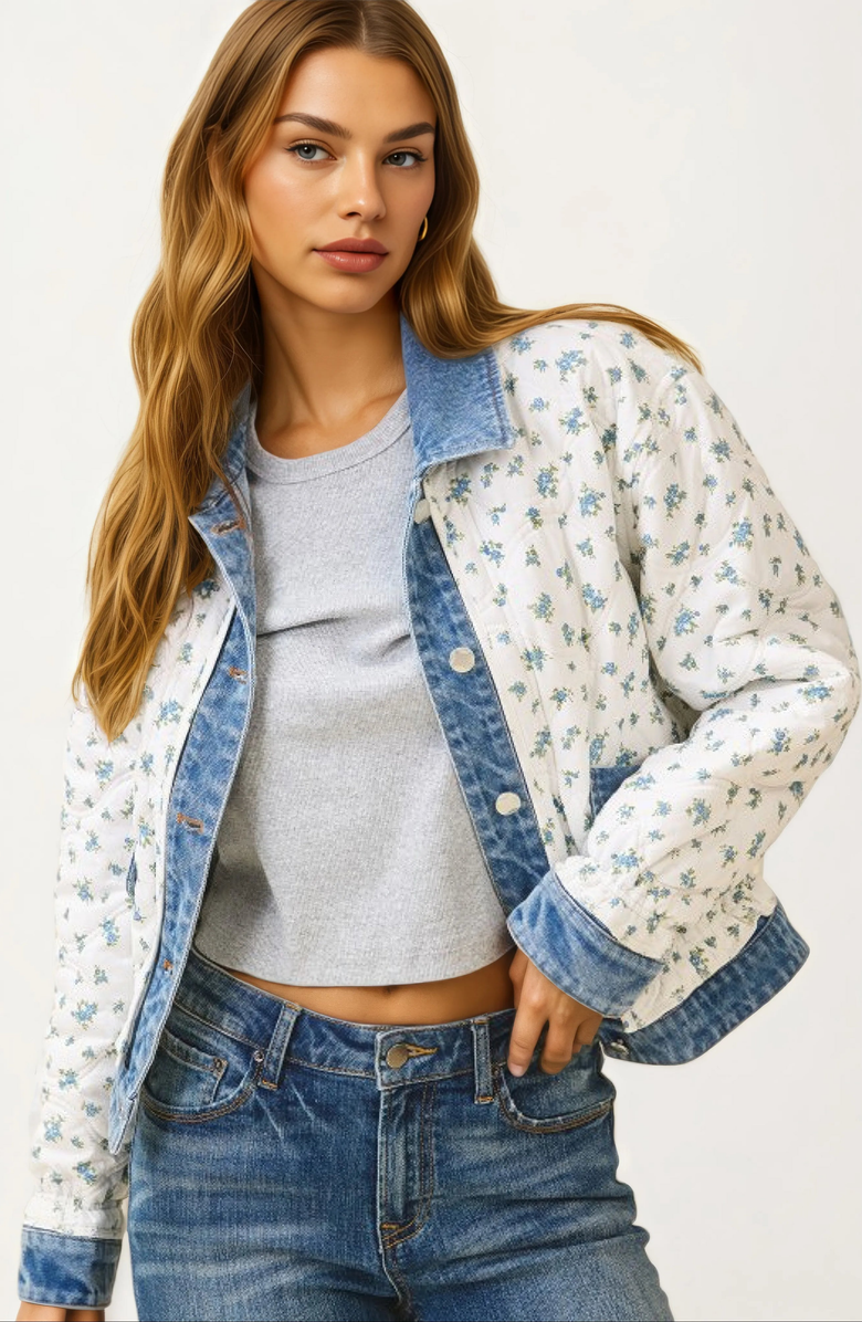 Knit and Lounge Quilted Floral Button-Front Denim-Trim Jacket, Alternate, color, 