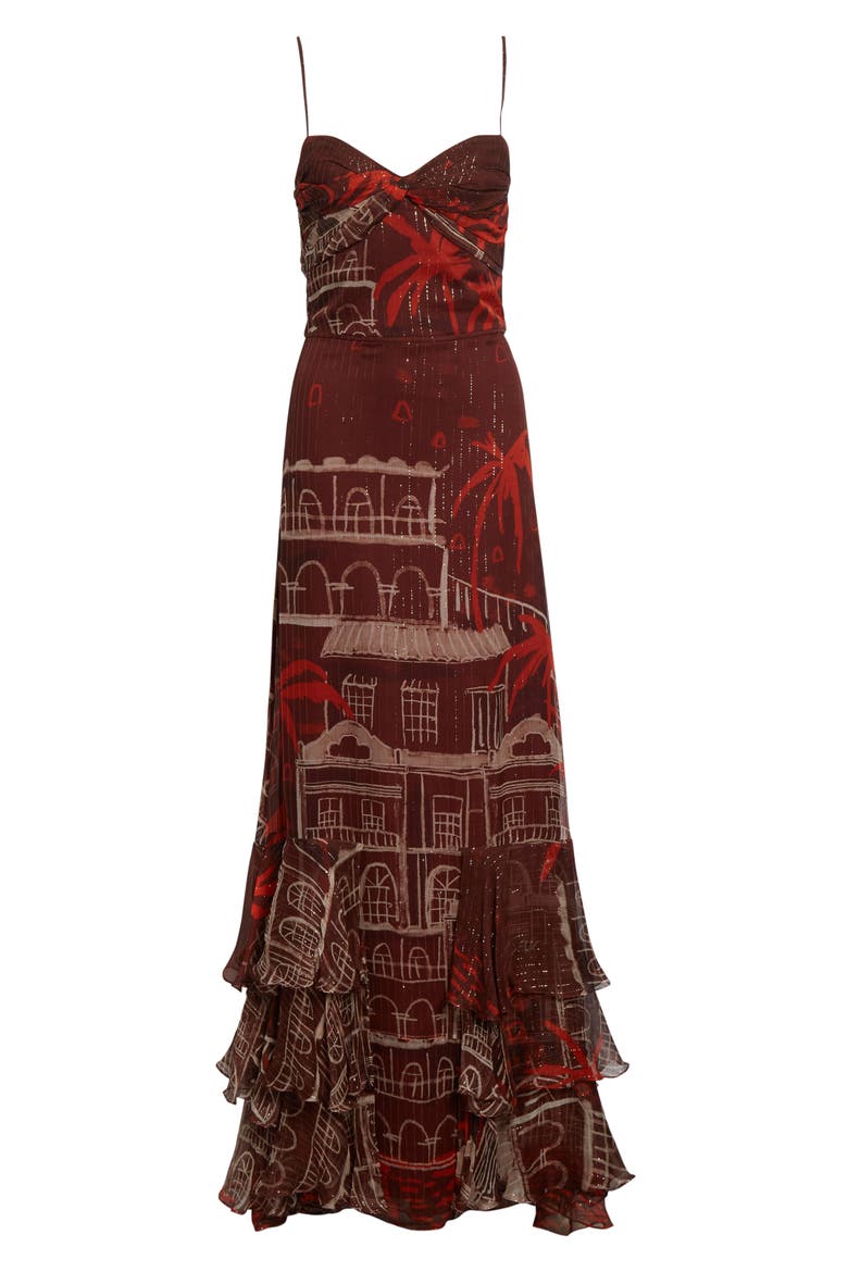 Pasos Nocturnos Print Tiered Metallic Crepe Maxi Dress, Alternate, color, WINE / RED