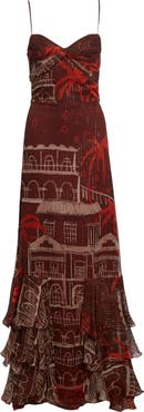 Johanna Ortiz Pasos Nocturnos Print Tiered Metallic Crepe Maxi Dress