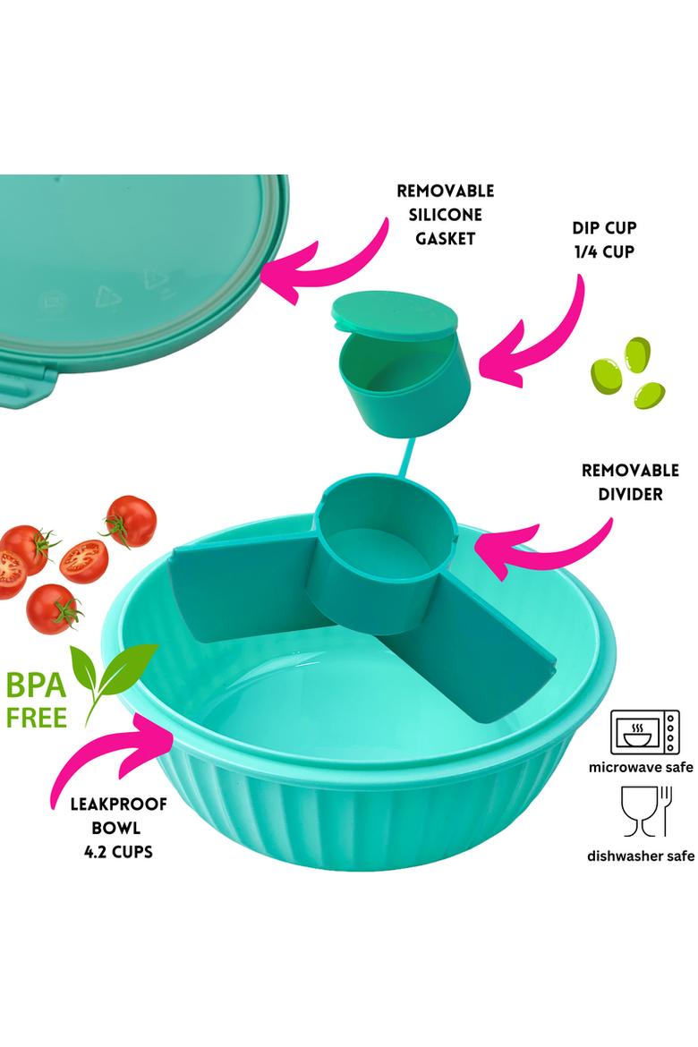 Bento-Style Salad Bowl with 3-Part Divider and Dip Cup, Alternate, color, Paradise Aqua
