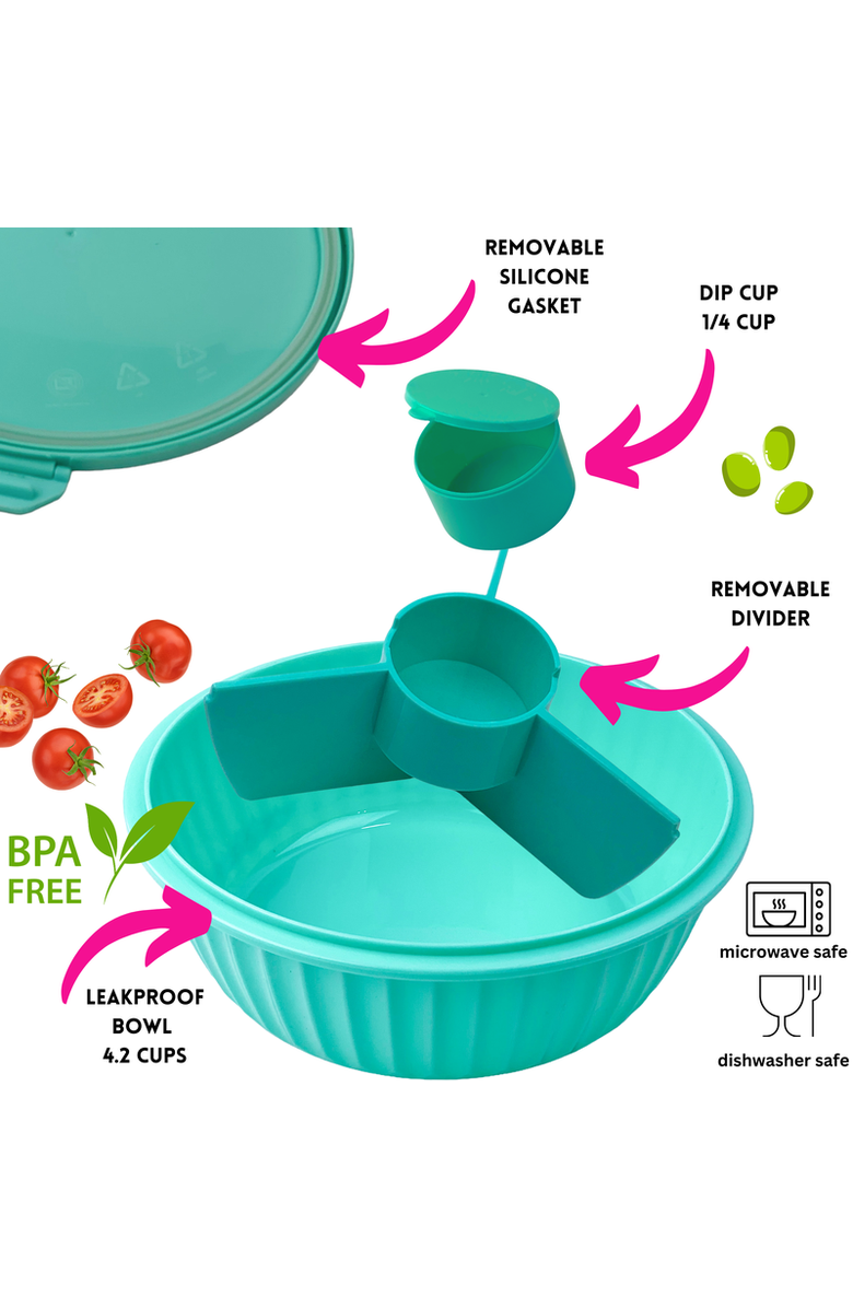 Yumbox Bento-Style Salad Bowl with 3-Part Divider and Dip Cup, Alternate, color, Paradise Aqua