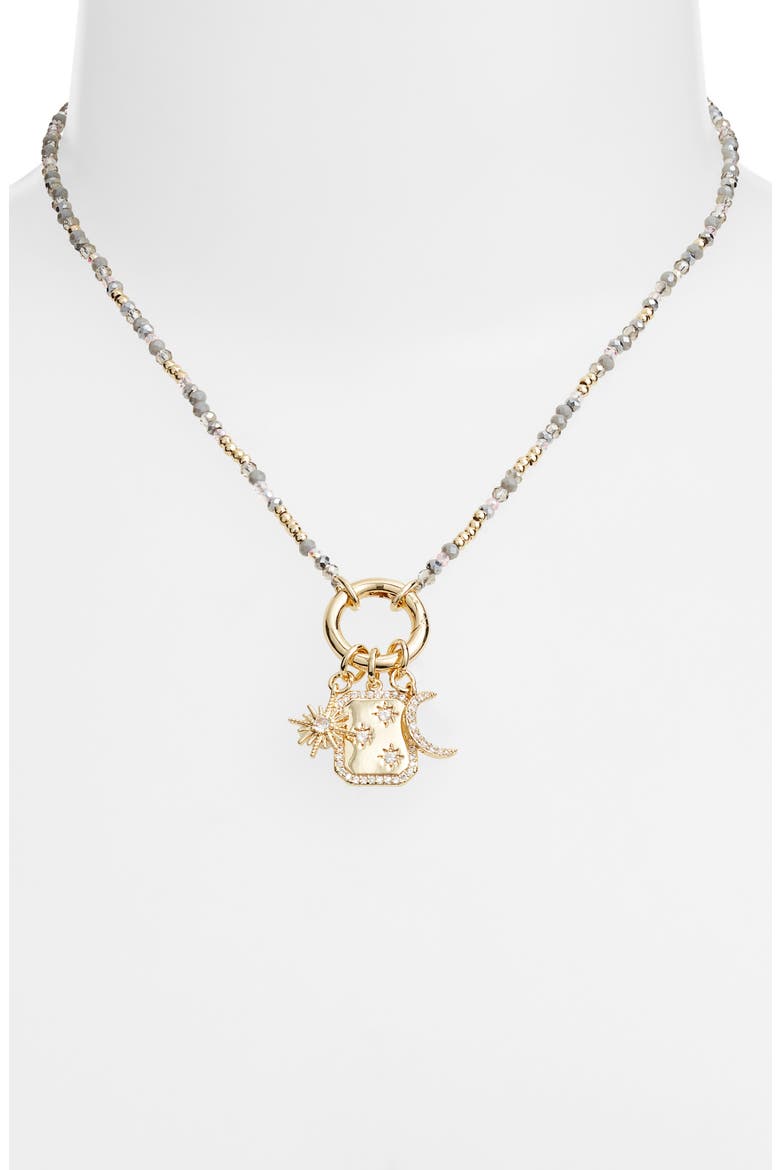 Gift Boxed Demi Fine Cubic Zirconia Bead Star Charm Necklace, Alternate, color, GREY MULTI- GOLD