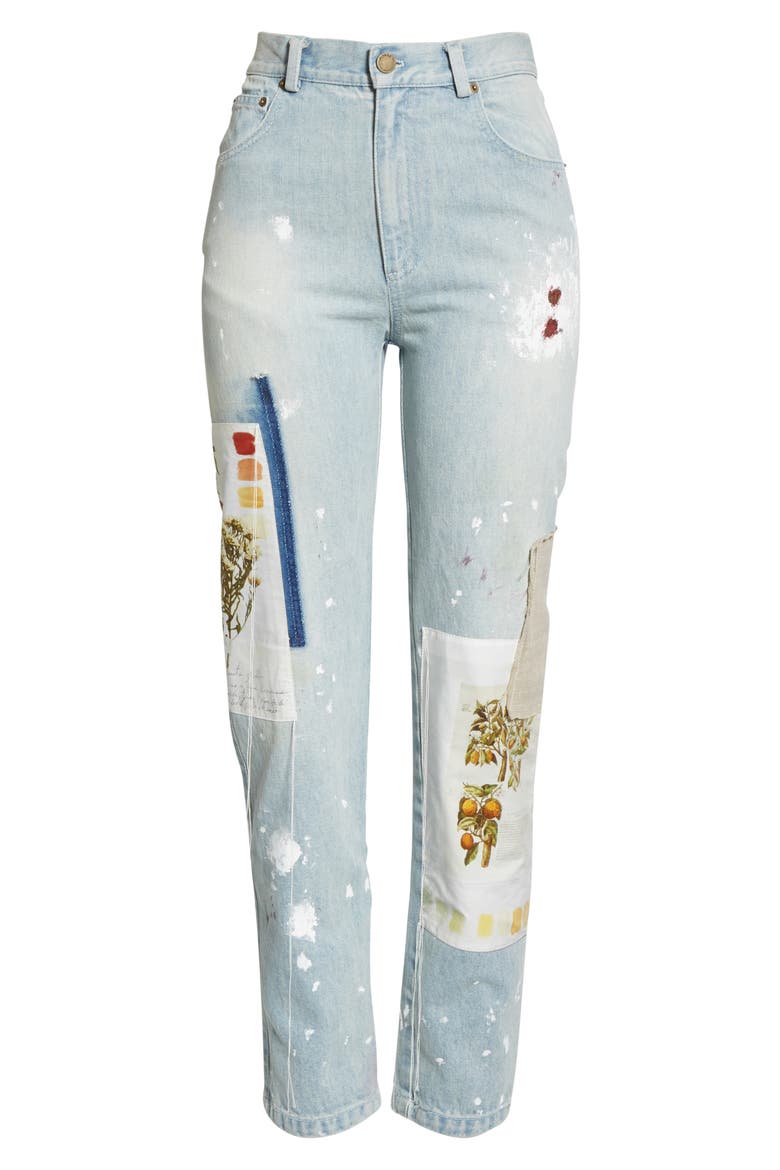 Patchwork & Paint Splatter Slim Straight Leg Jeans, Alternate, color, INDIGO