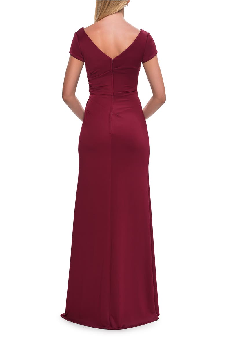 Simple Short Sleeve Fitted Jersey Evening Dress, Alternate, color, Wine