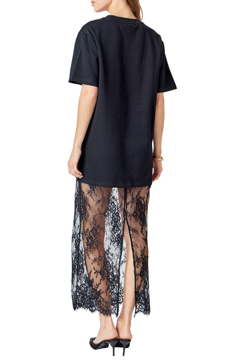 Endless Rose Mixed Media Cotton Knit & Lace T-Shirt Dress, Alternate, color, Black