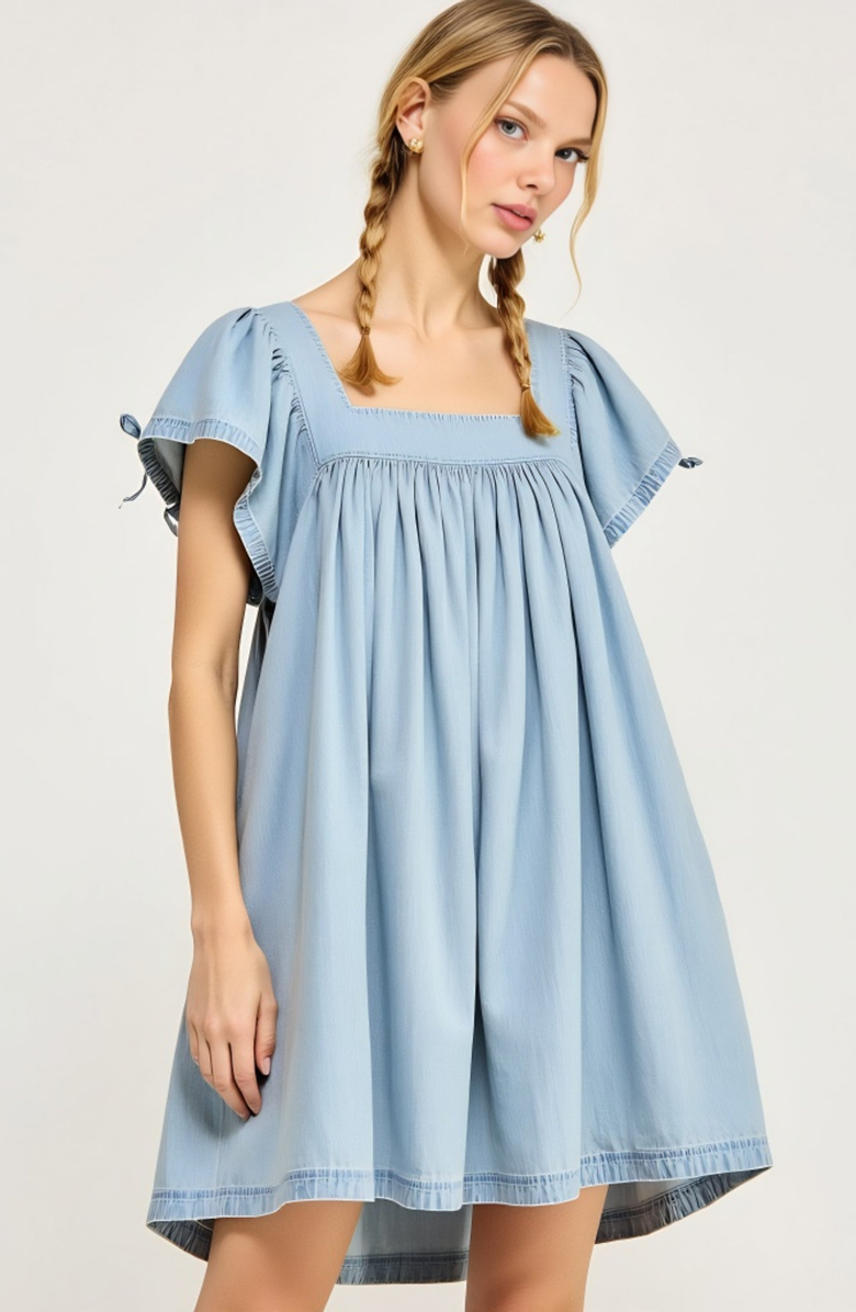 Modenaire Square Neck Flutter Sleeve Gathered Skirt Babydoll Dress, Alternate, color, Light Blue