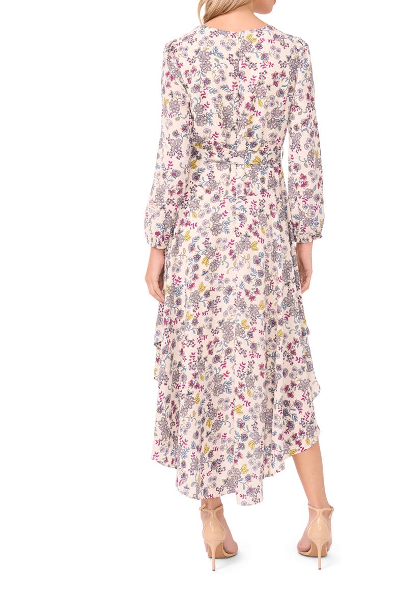Floral Long Sleeve Asymmetric Hem Dress, Alternate, color, BIRCH