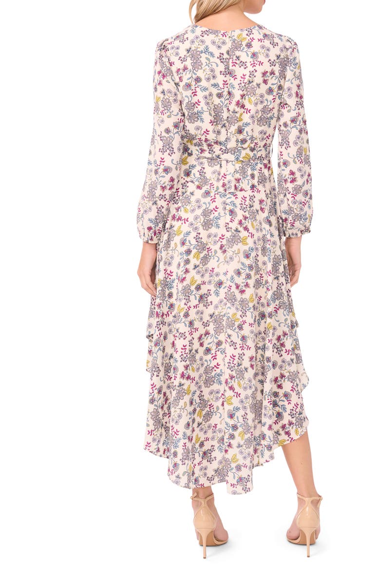 Vince Camuto Floral Long Sleeve Asymmetric Hem Dress, Alternate, color, Birch