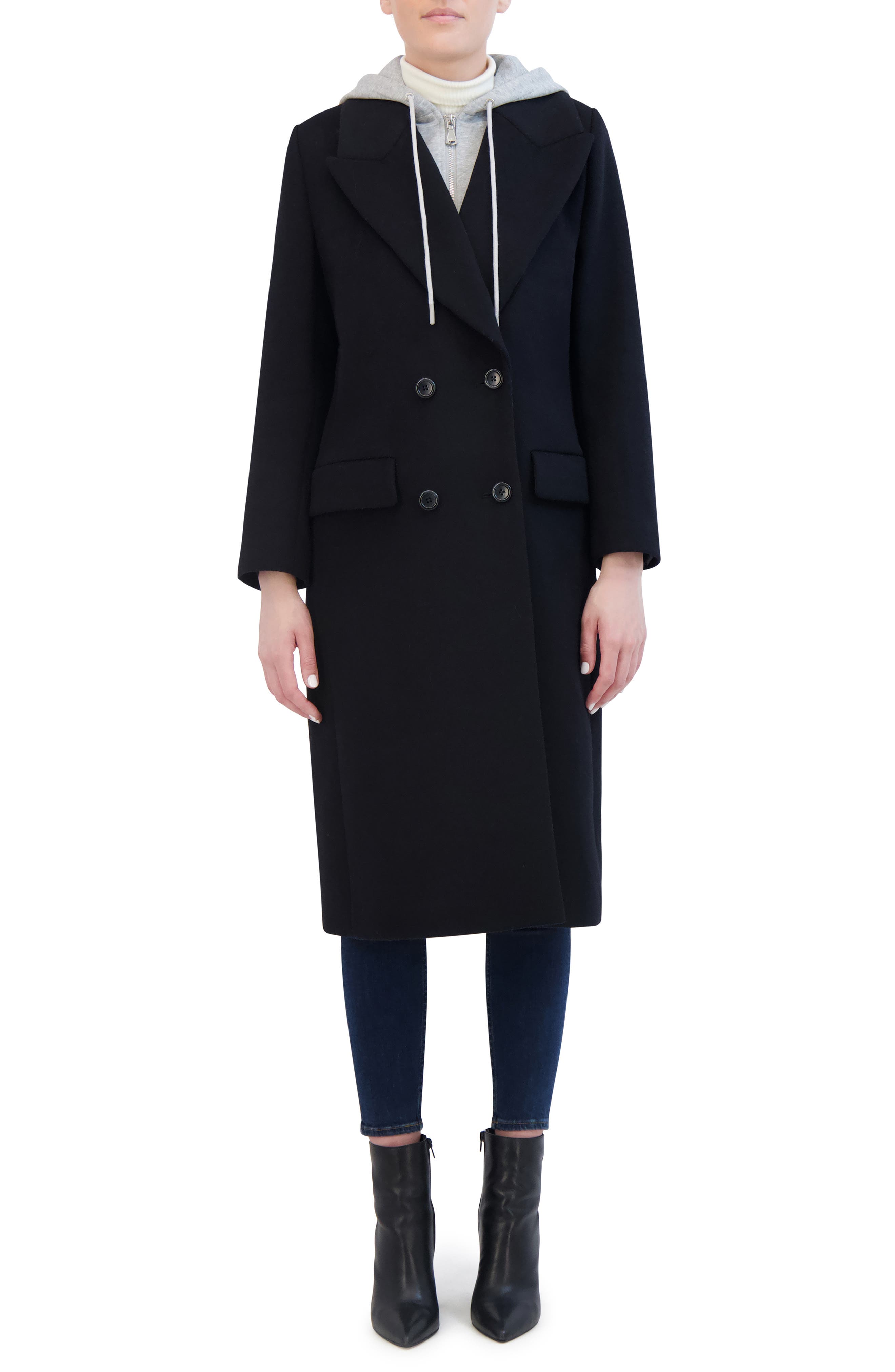 Rebecca Minkoff Double Breasted Longline Coat with Jersey Hooded Bib