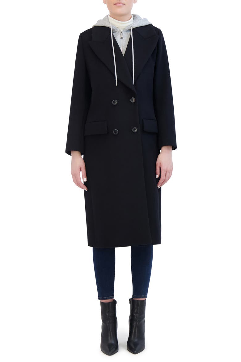 Double Breasted Longline Coat with Jersey Hooded Bib, Main, color, BLACK/ GREY