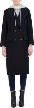 Rebecca Minkoff Double Breasted Longline Coat with Jersey Hooded Bib