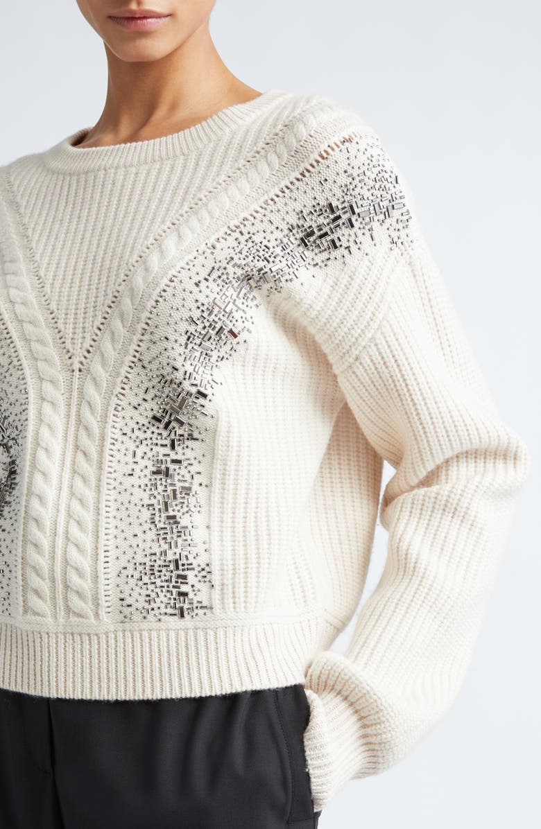 Max Mara Studio Lessy Crystal Embellished Cable Stitch Virgin Wool Sweater, Alternate, color, 