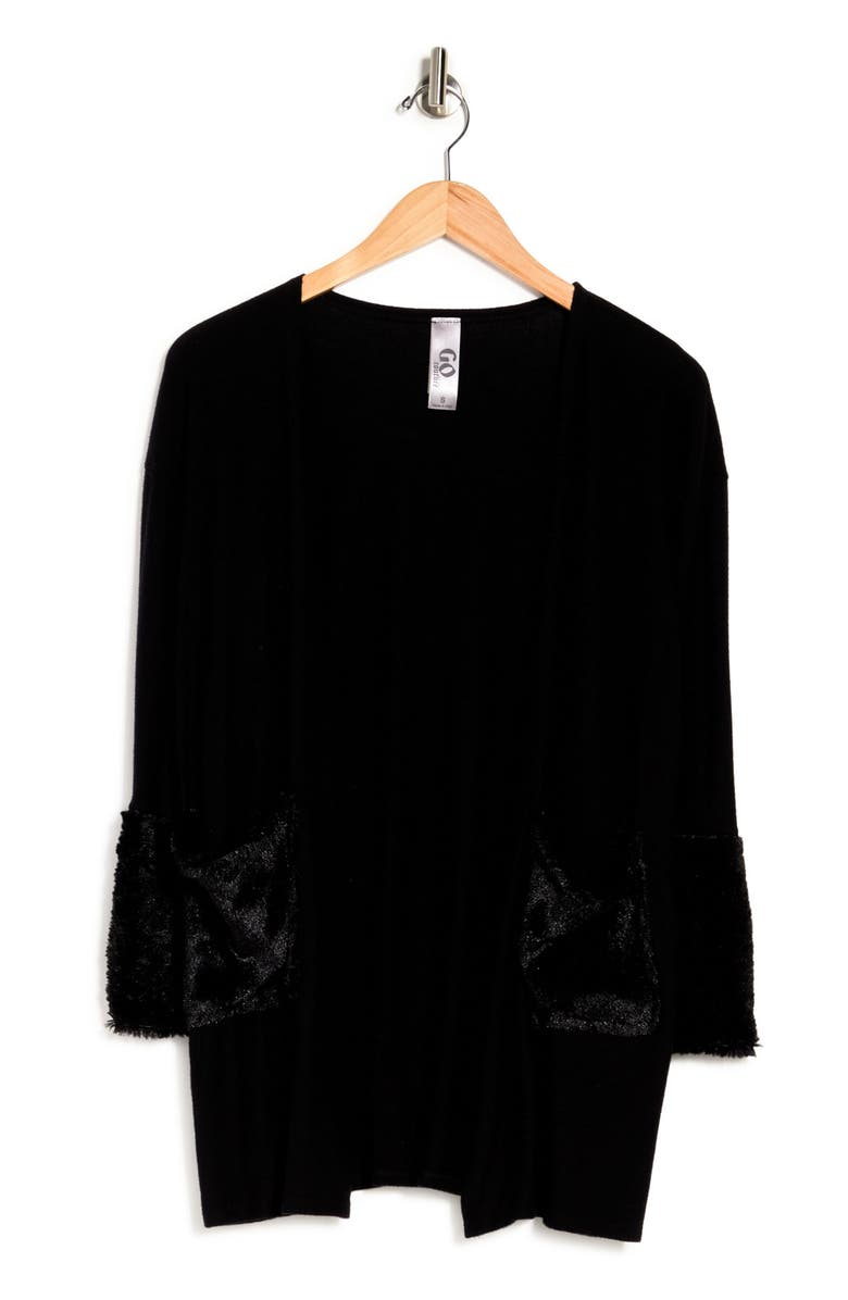 GO COUTURE Long Sleeve Double Stitch Faux Fur Cardigan, Alternate, color, Heather Grey Bttm Black