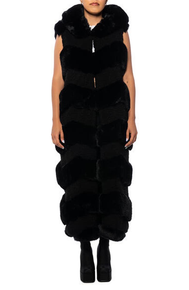 AZALEA WANG Hooded Long Faux Shearling Vest with Faux Fur Trim, Main, color, 