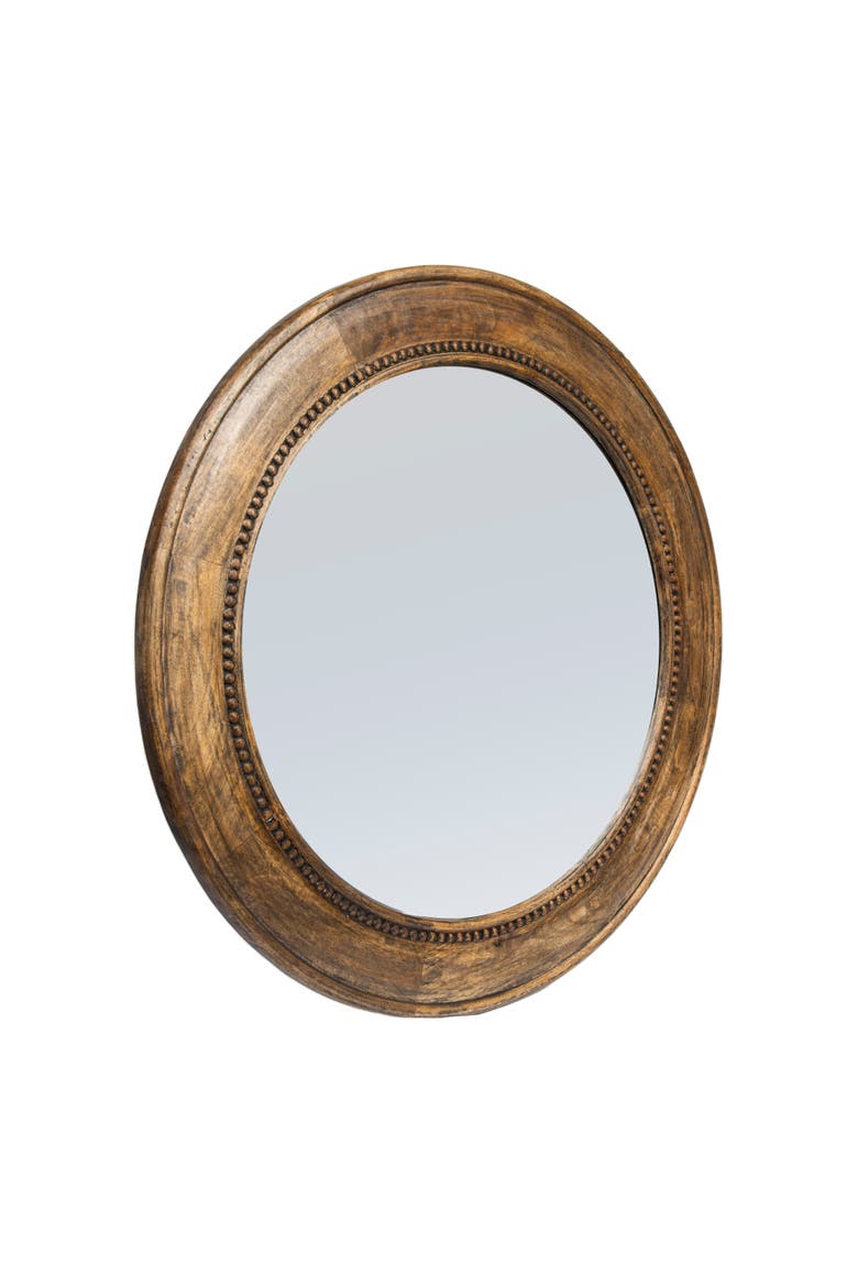 Round Carved Framed Wall Mirror with Hobnail Detail, Main, color, Brown