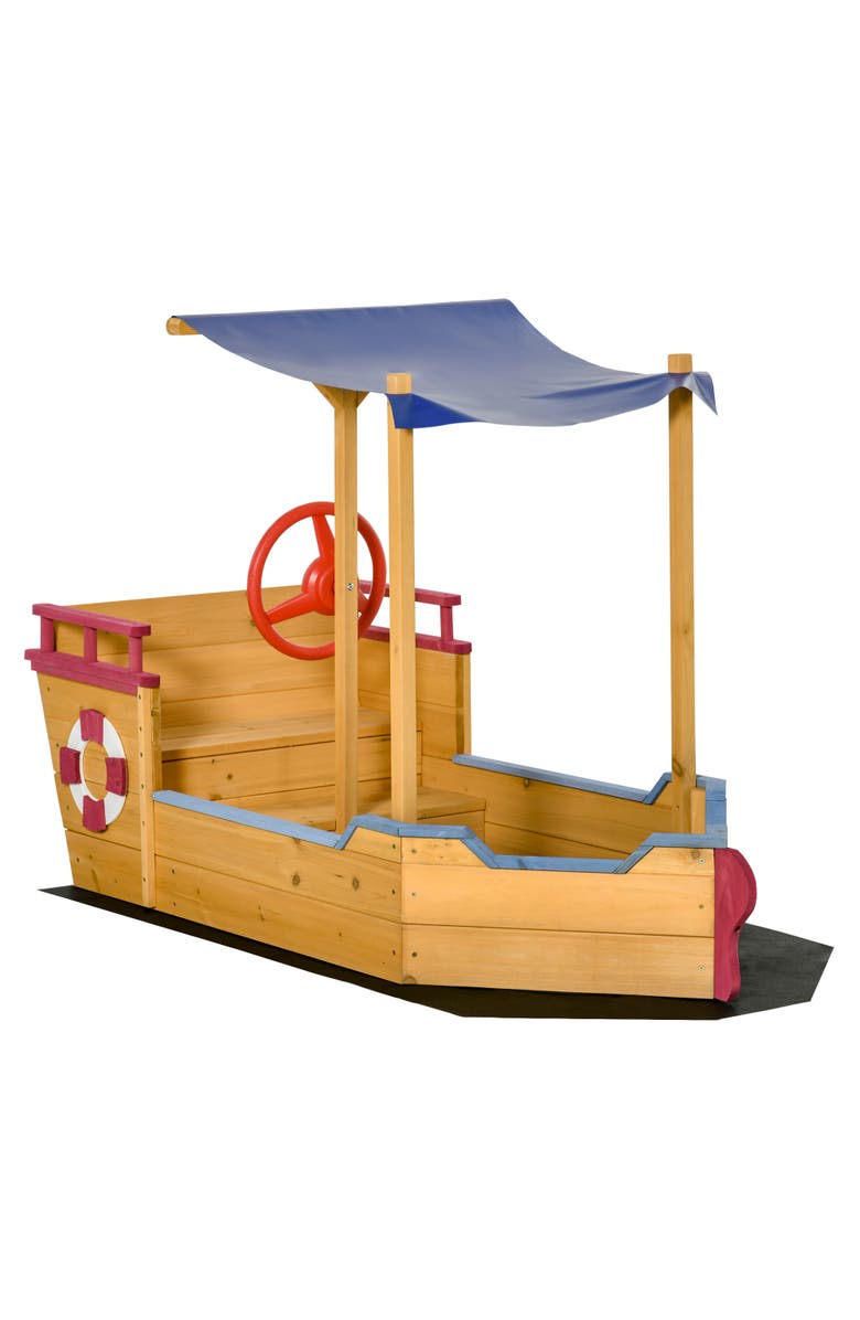 Outsunny Wooden Pirate Sandbox for Kids with Canopy & Storage Bench, Main, color,