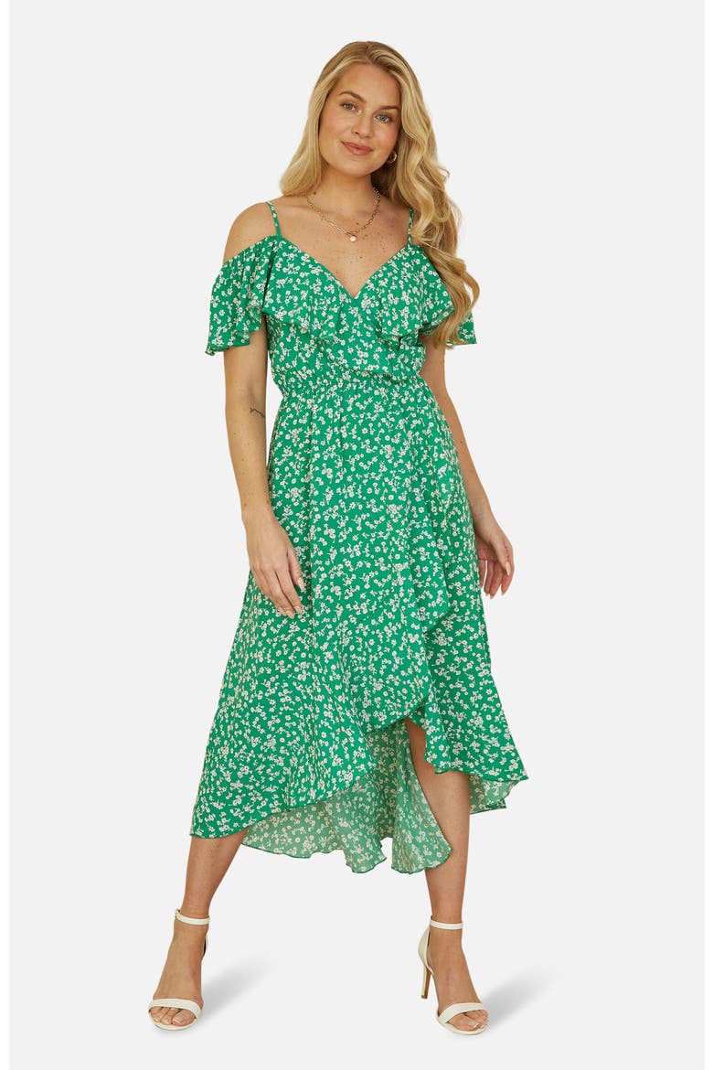 Ditsy Print Bardot Midi Dress, Main, color, Green