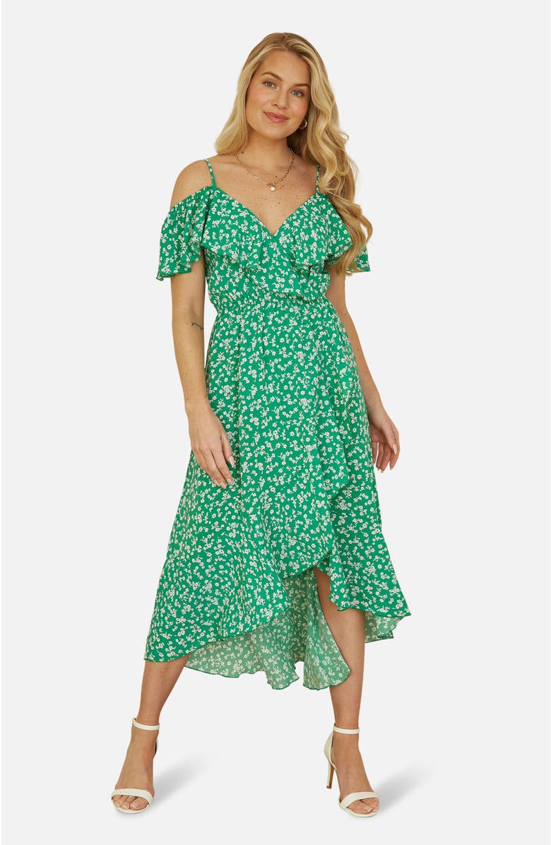 Yumi Ditsy Print Bardot Midi Dress, Main, color, Green