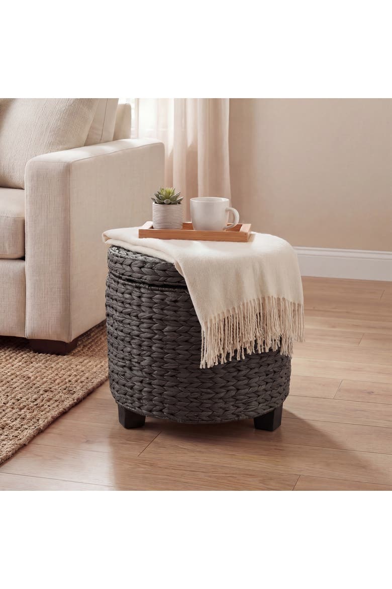 Addie 17.72" Modern Coastal Handwoven Water Hyacinth Storage Ottoman with Lid, Alternate, color, Black