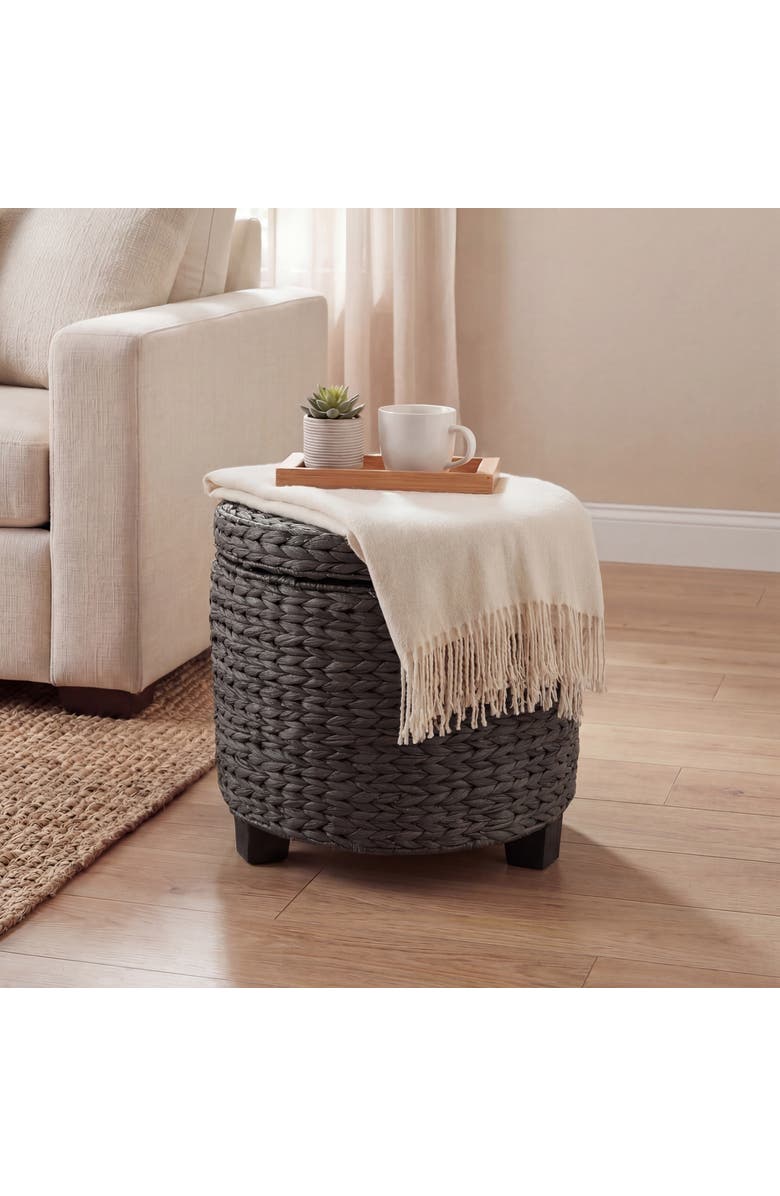 HAPPIMESS Addie 17.72" Modern Coastal Handwoven Water Hyacinth Storage Ottoman with Lid, Alternate, color, Black